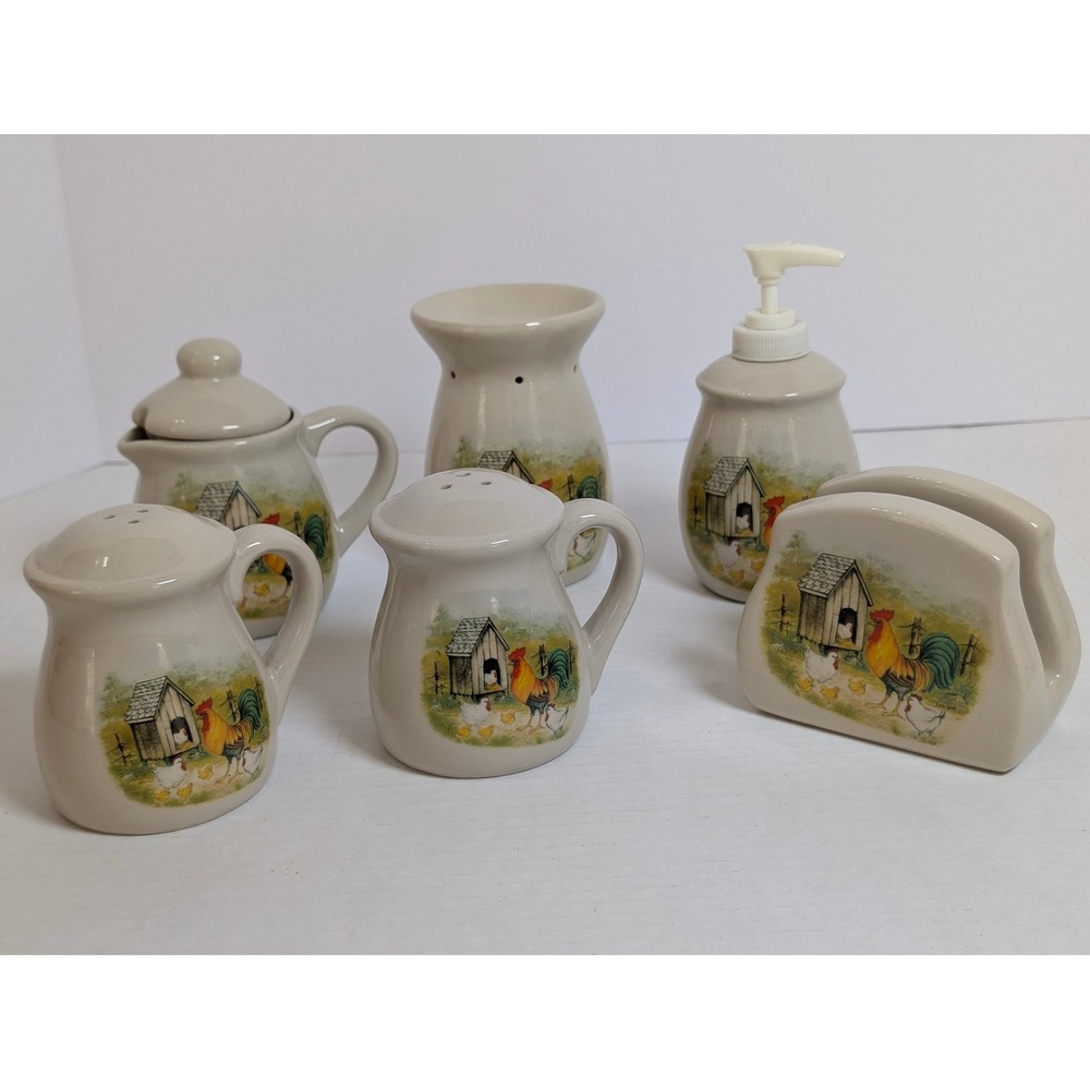 Vintage Hermitage Pottery Rooster Chicken Farmhouse Stoneware Kitchen Set 6 Pc